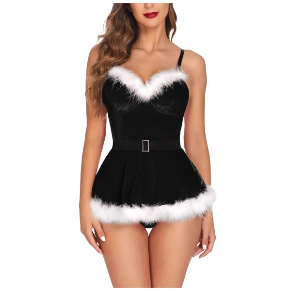 Women Christmas Dress Pajamas Lingerie Cosplay Santa Claus Costume Carnival Theme Party Clubwear Plush Feather Trim Velvet Dress