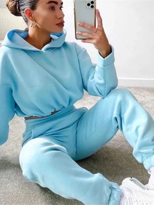 Women Hooded Tracksuit Sports 2 Pieces Set Sweatshirts Pullover Hoodies Pants Suit Home Sweatpants Trousers Winter Warm Outfits