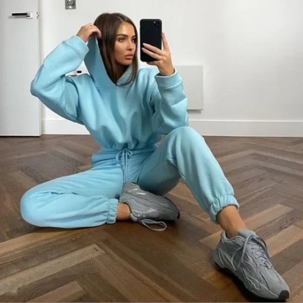 Women Hooded Tracksuit Sports 2 Pieces Set Sweatshirts Pullover Hoodies Pants Suit Home Sweatpants Trousers Winter Warm Outfits