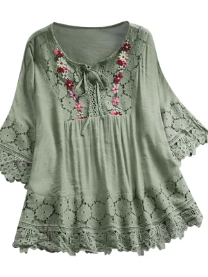 Women-Lace-Patchwork-Vintage-Blouse-Fashion-Bow-Badage-V-Neck-Three-Quarter-Sleeve-Casual-Tops-Summer-1.webp