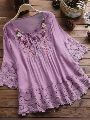 Women Lace Patchwork Vintage Blouse Fashion Bow Badage V-Neck Three Quarter Sleeve Casual Tops Summer oversized T-Shirt Blusas