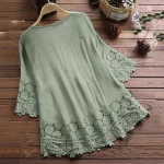 Women Lace Patchwork Vintage Blouse Fashion Bow Badage V-Neck Three Quarter Sleeve Casual Tops Summer oversized T-Shirt Blusas