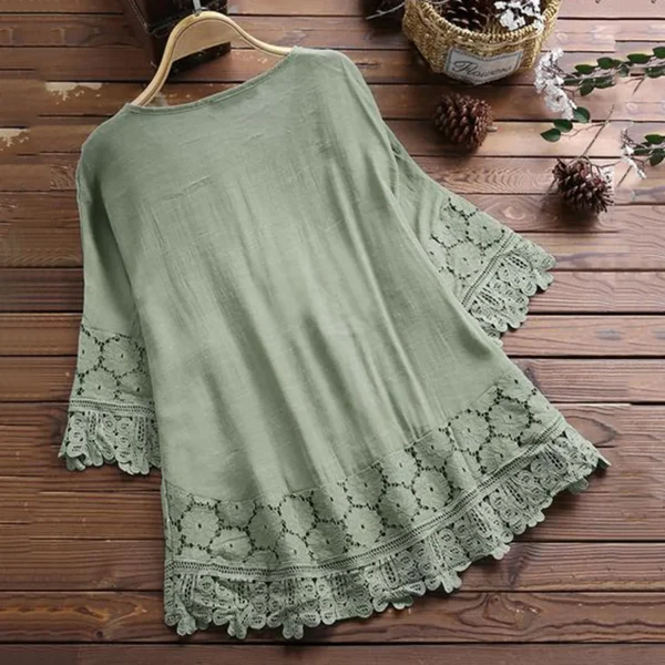 Women Lace Patchwork Vintage Blouse Fashion Bow Badage V-Neck Three Quarter Sleeve Casual Tops Summer oversized T-Shirt Blusas