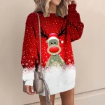Women Long Sleeve Red Christmas Dress Casual Fashion Fleece Long Crewneck Pullover Sweatshirt Skater Dresses For Women Plus Size