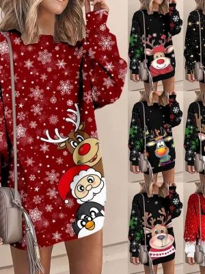 Women Long Sleeve Red Christmas Dress Casual Fashion Fleece Long Crewneck Pullover Sweatshirt Skater Dresses For Women Plus Size