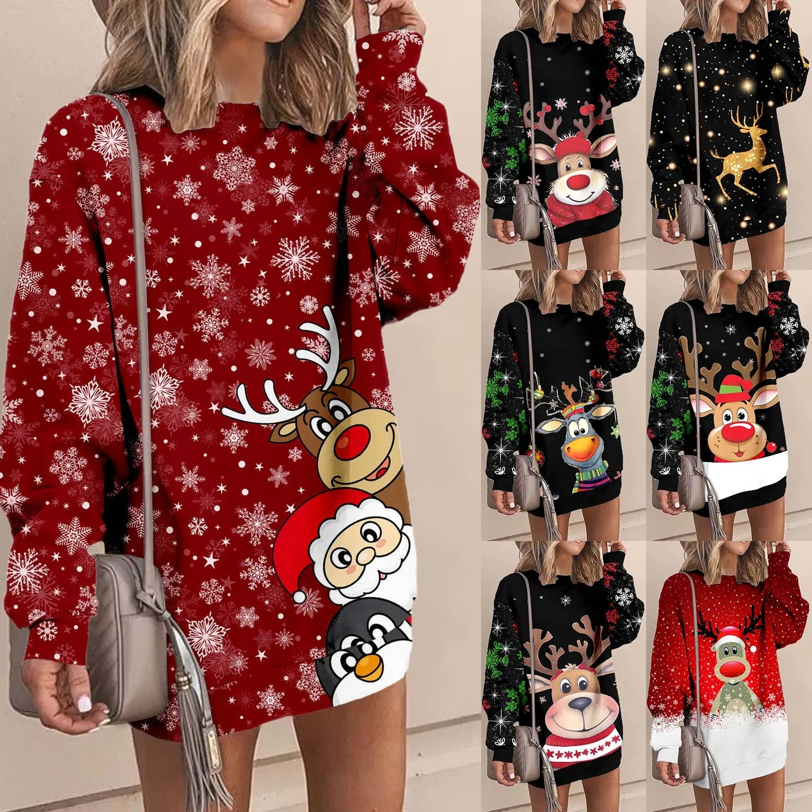 Women Long Sleeve Red Christmas Dress Casual Fashion Fleece Long Crewneck Pullover Sweatshirt Skater Dresses For Women Plus Size