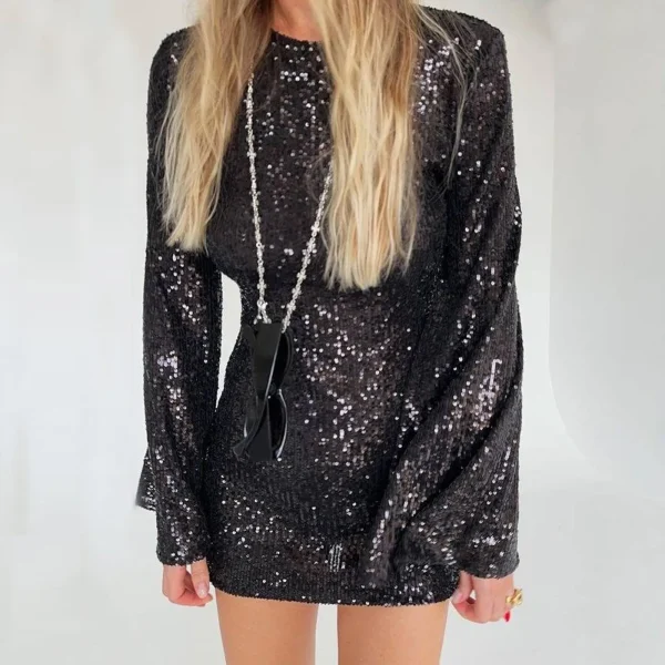 Women Sequin Dress Glitter Sparkle Sexy Slimming Flare Sleeved Short Dress Elegant Female Sheath Bodycon Pencil Club Dress Party