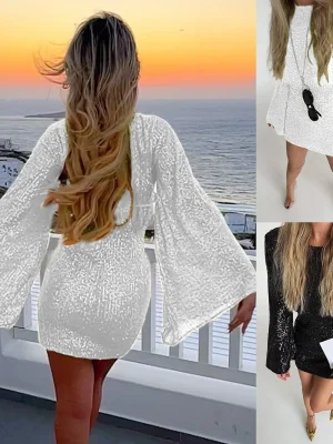 Women Sequin Dress Glitter Sparkle Sexy Slimming Flare Sleeved Short Dress Elegant Female Sheath Bodycon Pencil Club Dress Party