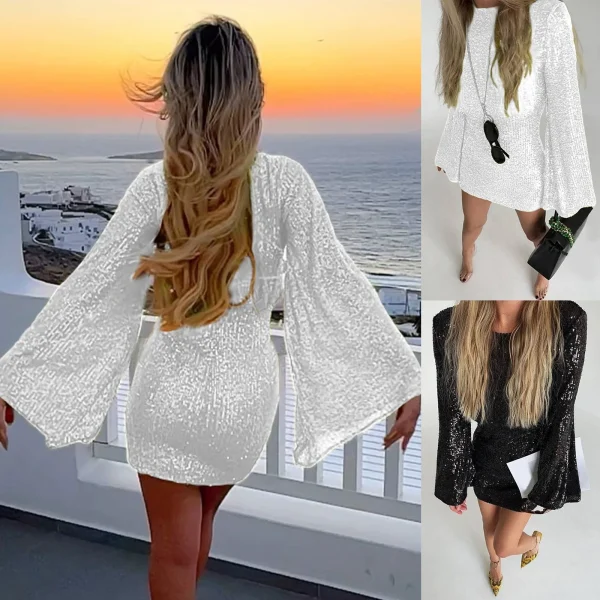 Women Sequin Dress Glitter Sparkle Sexy Slimming Flare Sleeved Short Dress Elegant Female Sheath Bodycon Pencil Club Dress Party