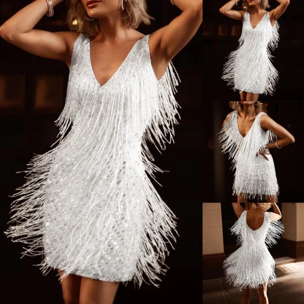 Women Sexy Tassel Dress Sequin Sleeveless Backless Club Night Dresses Prom Ballroom Samba Fringe Dance Flapper Pencil Mini Dress