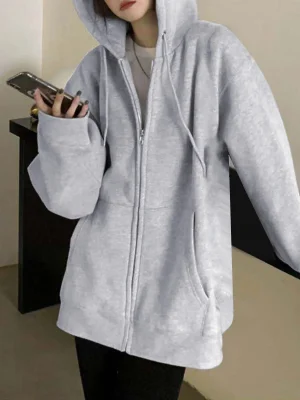 Women Solid Color Zipper Hoodies Harajuku Y2k Drawstring Long Sleeve Hooded Sweatshirts Korean Casual Pocket Jacket Streetwear