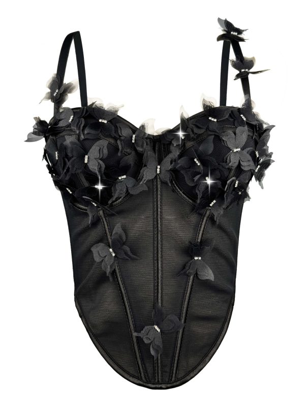 Stereoscopic Butterfly Rhinestone Sheer Fitted Boned Bustier Unique High-End Sexy Elegant Boned Top Strapless