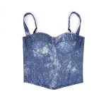 Denim Blue Lace Sequin Boned Bustier Zipper Strap Shapewear Slimming Fishbone Top with Court Style