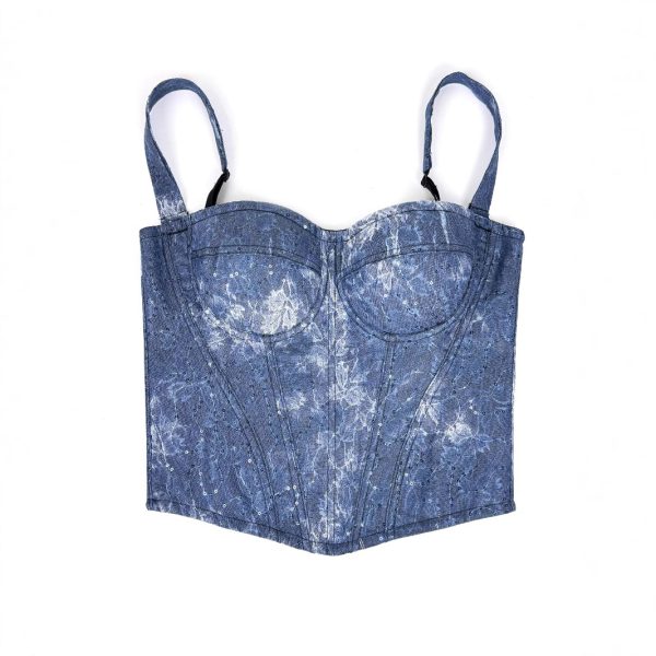 Denim Blue Lace Sequin Boned Bustier Zipper Strap Shapewear Slimming Fishbone Top with Court Style