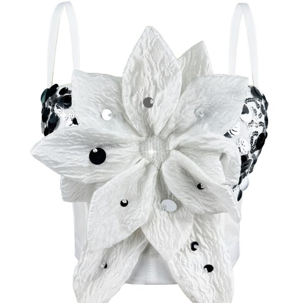 Shiny Sequin 3D Flower Strapless Top Rhinestone Outerwear Boned Bustier Shapewear Boned Top