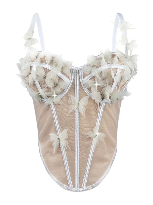 Stereoscopic Butterfly Rhinestone Sheer Fitted Boned Bustier Unique High-End Sexy Elegant Boned Top Strapless