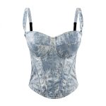 Vintage Denim Strapless Crop Top Sexy Shaping Slim Embroidered Lace Court Style Boned Bustier