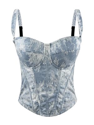 Vintage Denim Strapless Crop Top Sexy Shaping Slim Embroidered Lace Court Style Boned Bustier