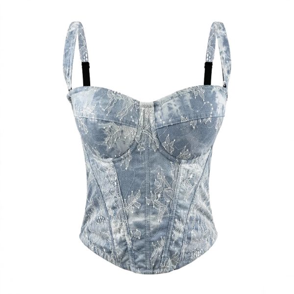 Vintage Denim Strapless Crop Top Sexy Shaping Slim Embroidered Lace Court Style Boned Bustier