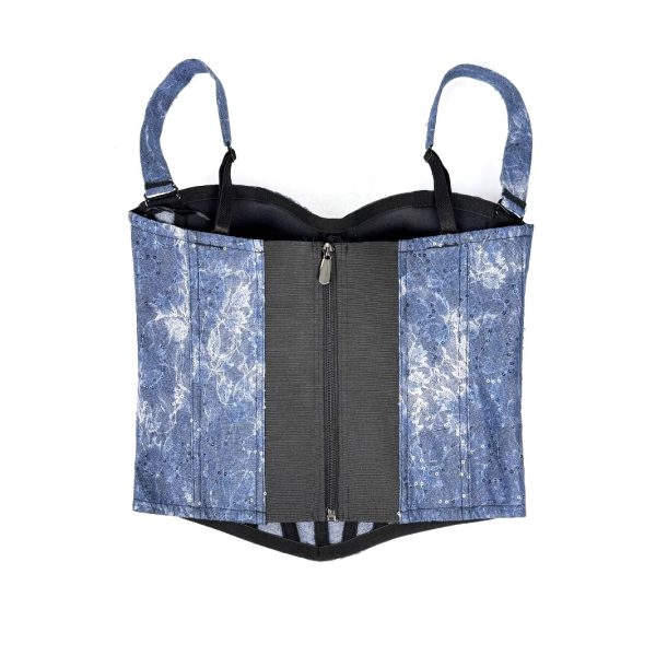 Denim Blue Lace Sequin Boned Bustier Zipper Strap Shapewear Slimming Fishbone Top with Court Style