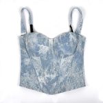 Vintage Denim Strapless Crop Top Sexy Shaping Slim Embroidered Lace Court Style Boned Bustier