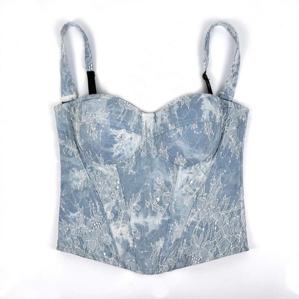 Vintage Denim Strapless Crop Top Sexy Shaping Slim Embroidered Lace Court Style Boned Bustier