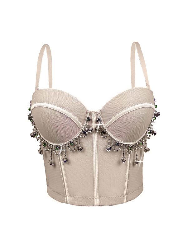 Vintage  Rhinestone Tassel Performance Sexy Strapless Backless Corset Boned Bustier