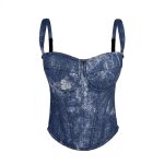 Denim Blue Lace Sequin Boned Bustier Zipper Strap Shapewear Slimming Fishbone Top with Court Style