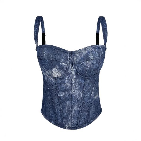 Denim Blue Lace Sequin Boned Bustier Zipper Strap Shapewear Slimming Fishbone Top with Court Style