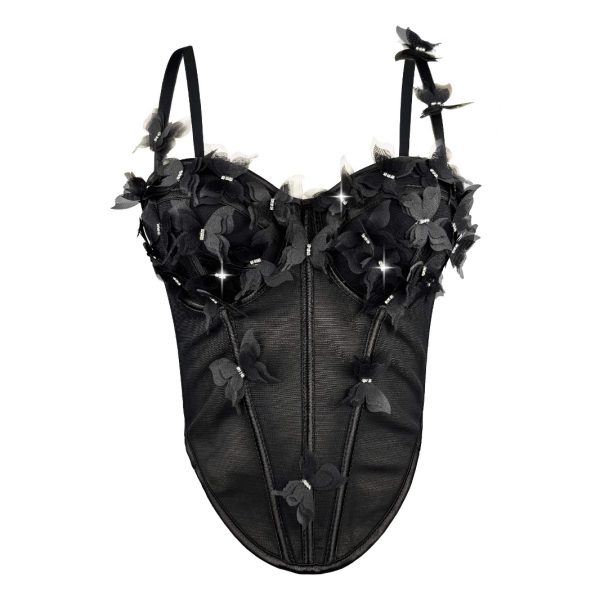 Stereoscopic Butterfly Rhinestone Sheer Fitted Boned Bustier Unique High-End Sexy Elegant Boned Top Strapless
