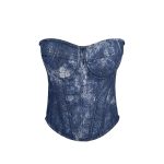 Denim Blue Lace Sequin Boned Bustier Zipper Strap Shapewear Slimming Fishbone Top with Court Style