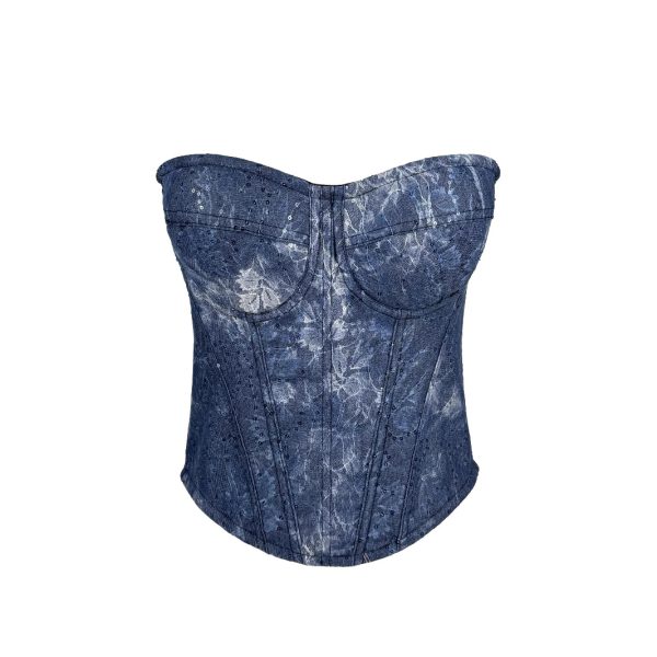 Denim Blue Lace Sequin Boned Bustier Zipper Strap Shapewear Slimming Fishbone Top with Court Style
