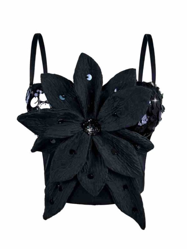 Shiny Sequin 3D Flower Strapless Top Rhinestone Outerwear Boned Bustier Shapewear Boned Top