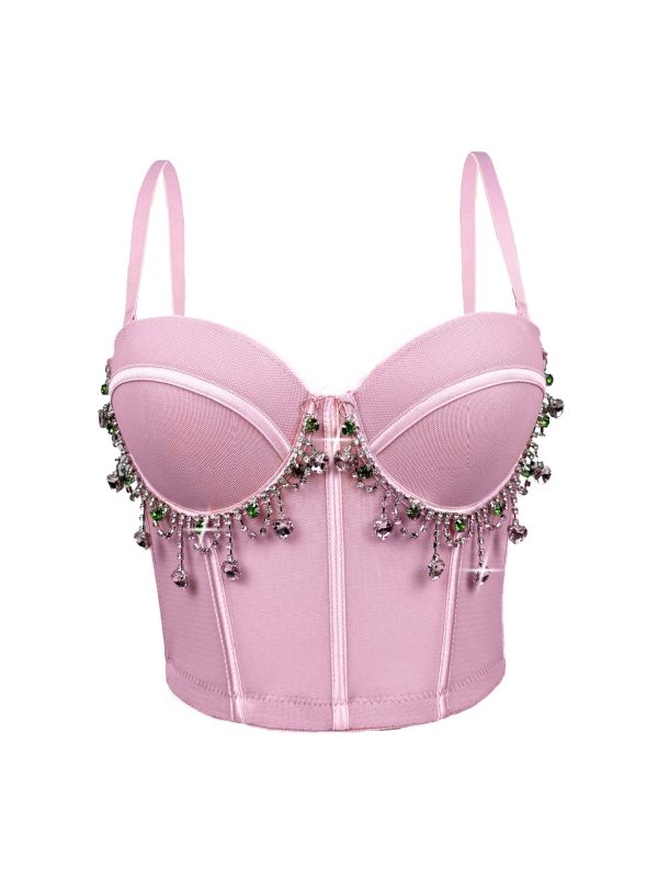 Vintage  Rhinestone Tassel Performance Sexy Strapless Backless Corset Boned Bustier