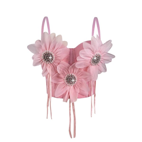 Handmade 3D Rhinestone Flower Camisole Fashion Design Elegant Tassel Boned Bustier