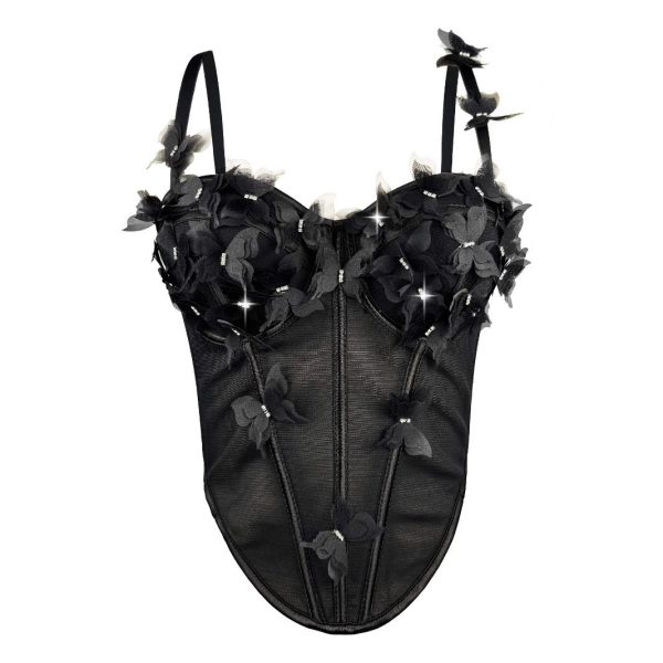 Stereoscopic Butterfly Rhinestone Sheer Fitted Boned Bustier Unique High-End Sexy Elegant Boned Top Strapless