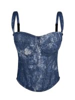 Denim Blue Lace Sequin Boned Bustier Zipper Strap Shapewear Slimming Fishbone Top with Court Style