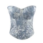 Vintage Denim Strapless Crop Top Sexy Shaping Slim Embroidered Lace Court Style Boned Bustier