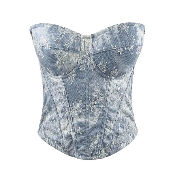 Vintage Denim Strapless Crop Top Sexy Shaping Slim Embroidered Lace Court Style Boned Bustier