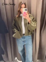 Brown Green Suede Jacket Women Lapel Zipper Long Sleeve Pockets Bomber Coat 2025 Spring Autumn Lady Loose Motorcycle Outwears