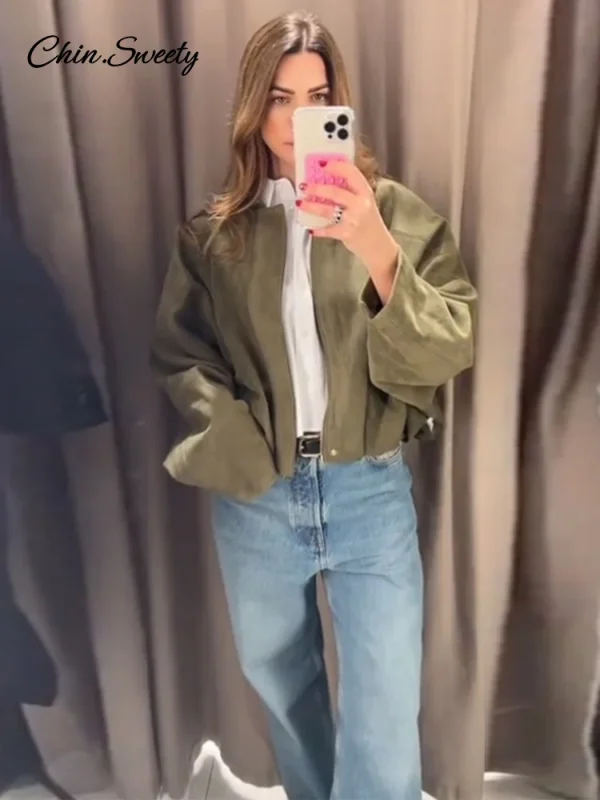 Brown Green Suede Jacket Women Lapel Zipper Long Sleeve Pockets Bomber Coat 2025 Spring Autumn Lady Loose Motorcycle Outwears