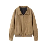Brown Green Suede Jacket Women Lapel Zipper Long Sleeve Pockets Bomber Coat 2025 Spring Autumn Lady Loose Motorcycle Outwears