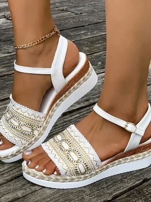 Plus Size Wedges Bohemian Sandals for Women Summer 2025 Platform Thick Bottom Sandles Woman Embroidery Lightweight Rome Sandals