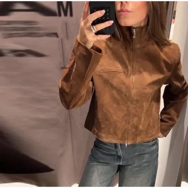 Brown Green Suede Jacket Women Lapel Zipper Long Sleeve Pockets Bomber Coat 2025 Spring Autumn Lady Loose Motorcycle Outwears