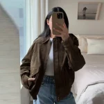 Brown Green Suede Jacket Women Lapel Zipper Long Sleeve Pockets Bomber Coat 2025 Spring Autumn Lady Loose Motorcycle Outwears