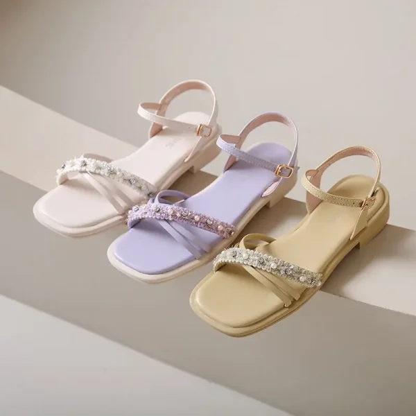 Sandals for Women Diamond Pearl Purple with Low Heels Woman Shoes Summer 2025 Offers Sale Asian Size Luxury Cheap Liquidation On