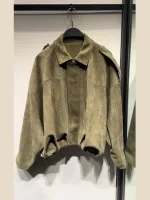 Brown Green Suede Jacket Women Lapel Zipper Long Sleeve Pockets Bomber Coat 2025 Spring Autumn Lady Loose Motorcycle Outwears