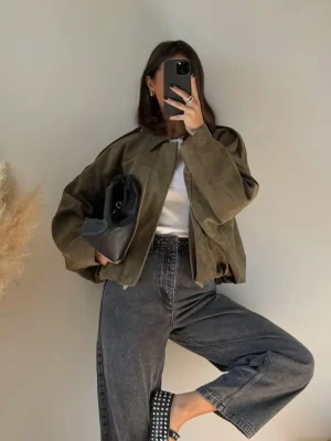 Brown Green Suede Jacket Women Lapel Zipper Long Sleeve Pockets Bomber Coat 2025 Spring Autumn Lady Loose Motorcycle Outwears