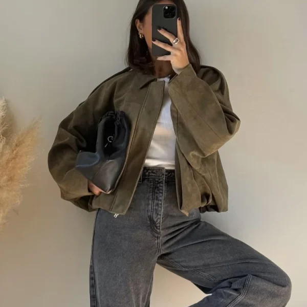 Brown Green Suede Jacket Women Lapel Zipper Long Sleeve Pockets Bomber Coat 2025 Spring Autumn Lady Loose Motorcycle Outwears