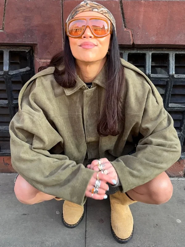 Brown Green Suede Jacket Women Lapel Zipper Long Sleeve Pockets Bomber Coat 2025 Spring Autumn Lady Loose Motorcycle Outwears